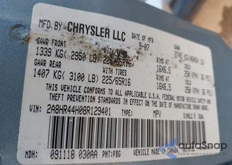 2008 Chrysler Town & Country Lx z USA, uszkodzony, nr VIN 2A8HR44H08R129401